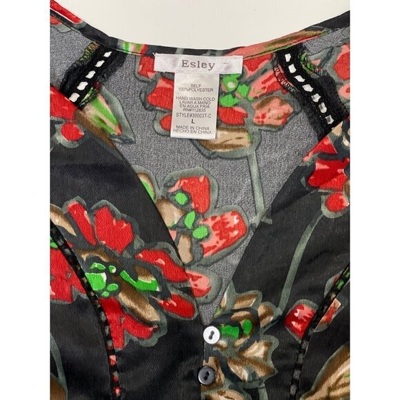 ESLEY Boho Casual Cinch-Waist Floral Top Large Black Multicolor Hi-Lo Baby-Doll - Picture 9 of 13